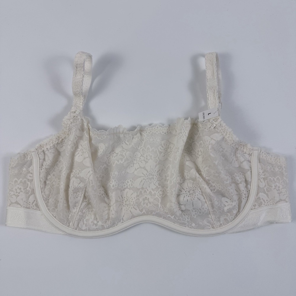 Victoria's Secret PINK Wink Unlined Scoop Bra Ivory Floral Lace Sheer L NWT